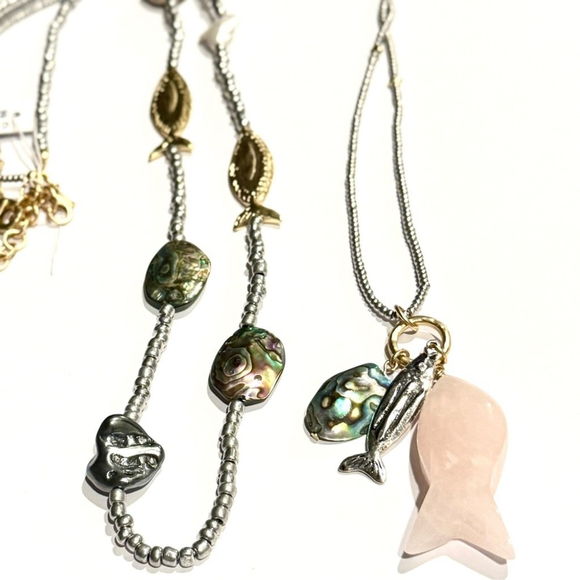 CHICO’S Convertible Two-Tone Abalone & Pink Quartz Fish Beaded Necklace Set-NWT - Picture 13 of 13